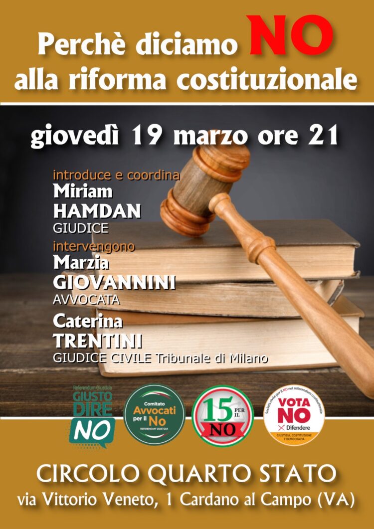Una serata di approfondimento con professionisti per raccontare le ragioni del NO al Referendum costituzionale del marzo 2026